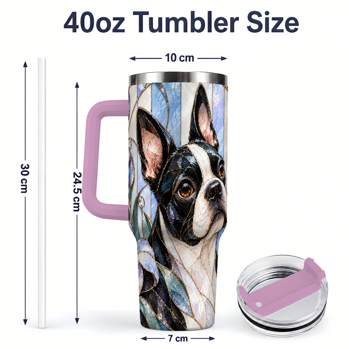 #pl[40oz|Pink] Floral Boston Terrier 40oz Tumbler, Stained Glass Style Dog Design
