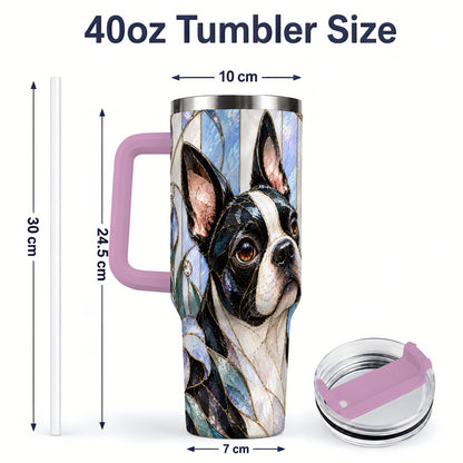 #pl[40oz|Pink] Floral Boston Terrier 40oz Tumbler, Stained Glass Style Dog Design