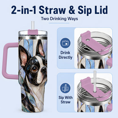 #pl[40oz|Pink] Floral Boston Terrier 40oz Tumbler, Stained Glass Style Dog Design