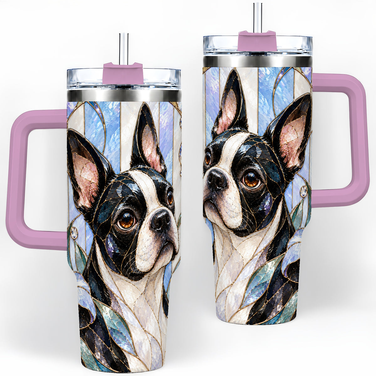 #pl[40oz|Pink] Floral Boston Terrier 40oz Tumbler, Stained Glass Style Dog Design