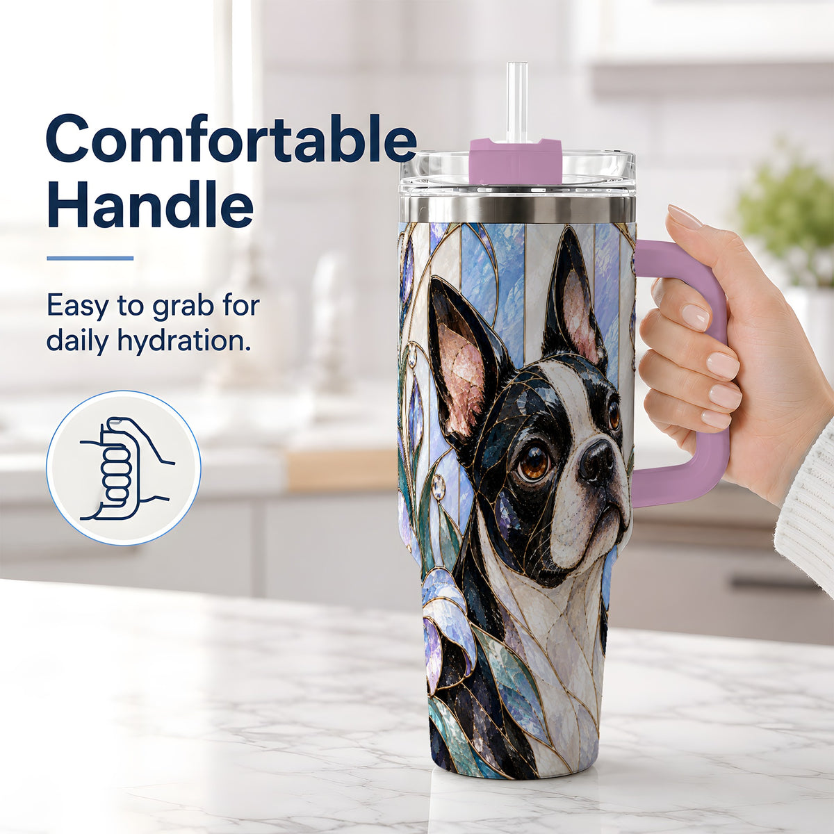 #pl[40oz|Pink] Floral Boston Terrier 40oz Tumbler, Stained Glass Style Dog Design