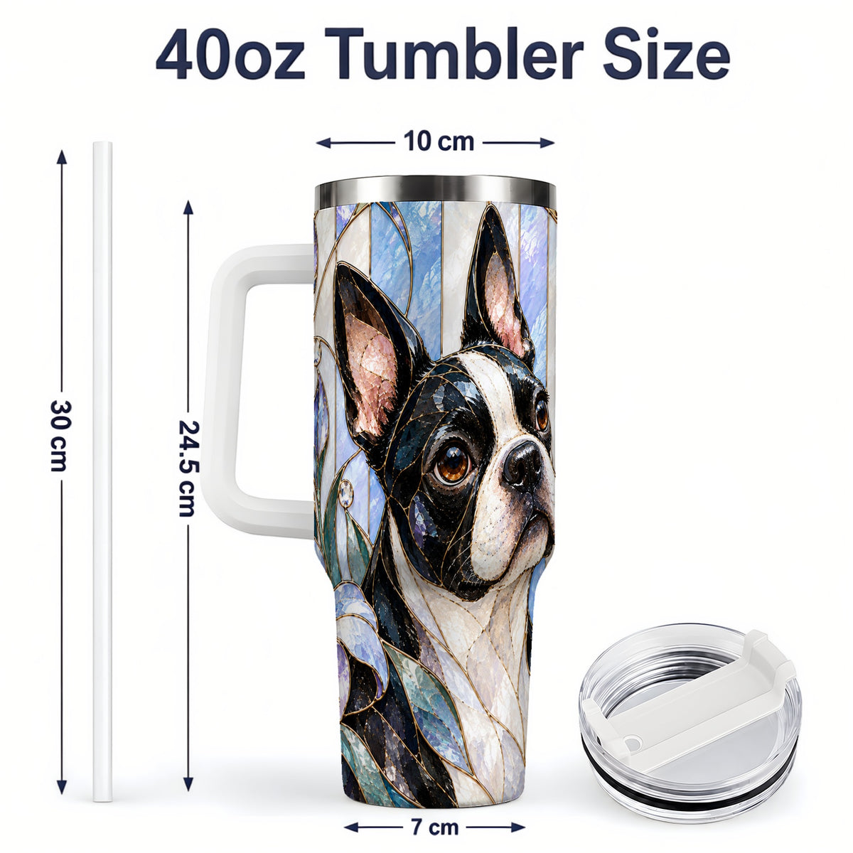 #pl[40oz|White] Floral Boston Terrier 40oz Tumbler, Stained Glass Style Dog Design