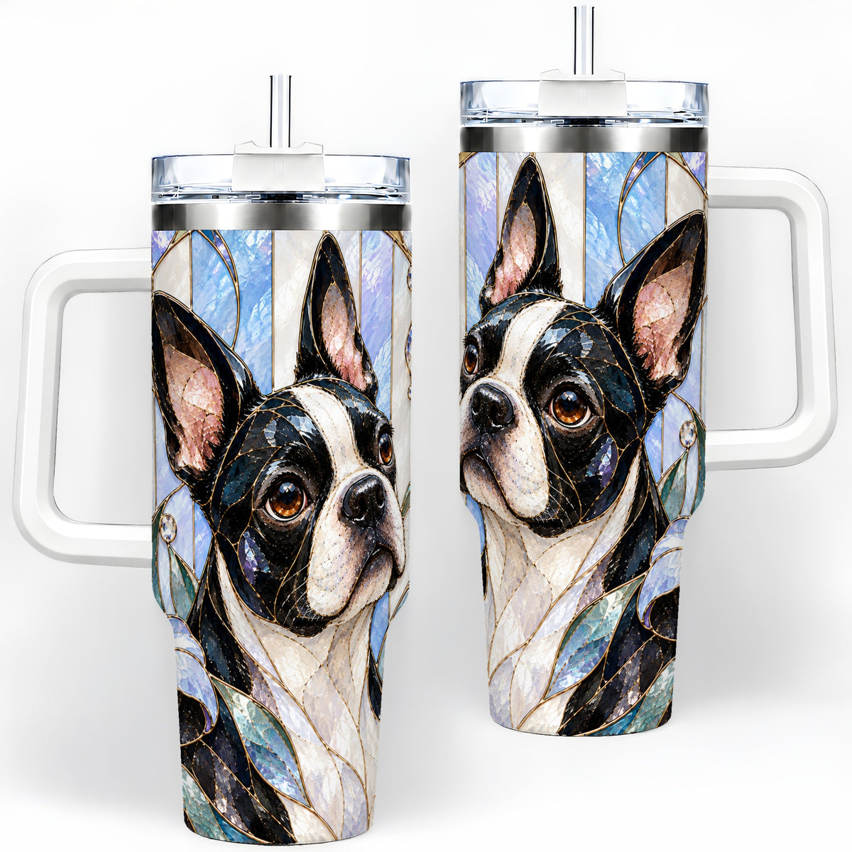 Floral Boston Terrier 40oz Tumbler, Stained Glass Style Dog Design