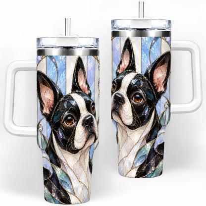 Floral Boston Terrier 40oz Tumbler, Stained Glass Style Dog Design