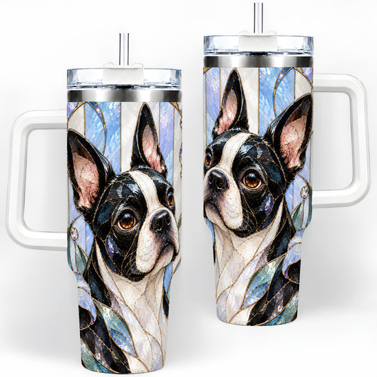 Floral Boston Terrier 40oz Tumbler, Stained Glass Style Dog Design