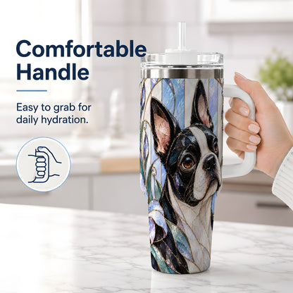#pl[40oz|White] Floral Boston Terrier 40oz Tumbler, Stained Glass Style Dog Design