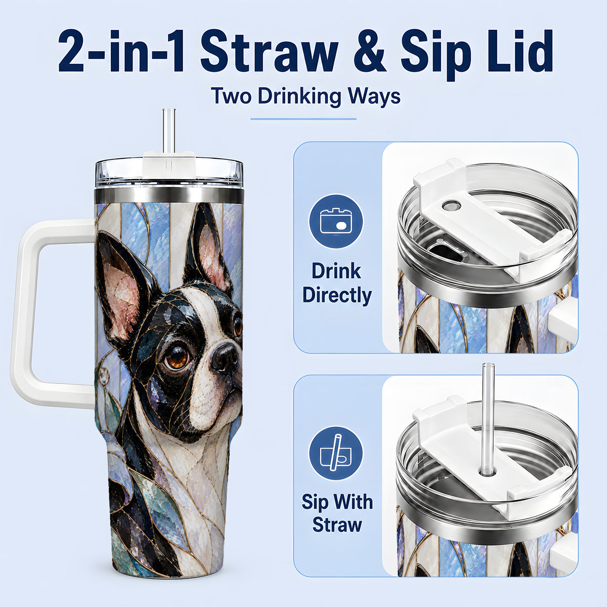 #pl[40oz|White] Floral Boston Terrier 40oz Tumbler, Stained Glass Style Dog Design