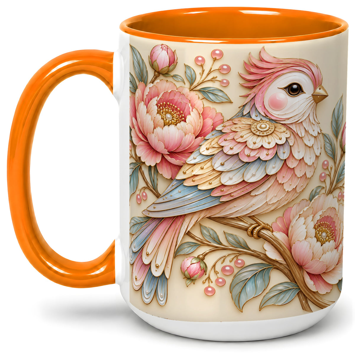 #pl[15oz|Orange] Pastel Bird Ceramic Mug, Mug with Pink Peony Floral Branch Artwork