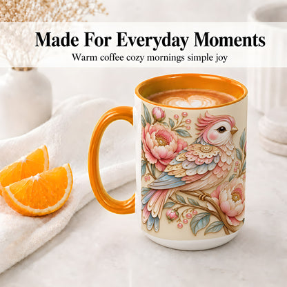#pl[15oz|Orange] Pastel Bird Ceramic Mug, Mug with Pink Peony Floral Branch Artwork