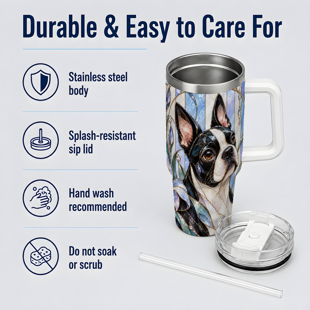 Floral Boston Terrier 40oz Tumbler, Stained Glass Style Dog Design