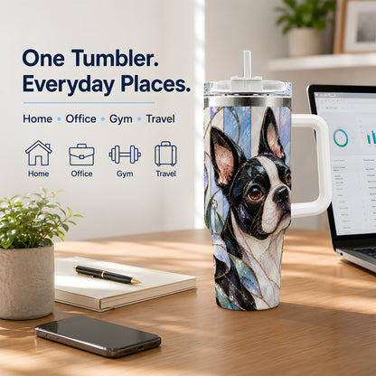 Floral Boston Terrier 40oz Tumbler, Stained Glass Style Dog Design