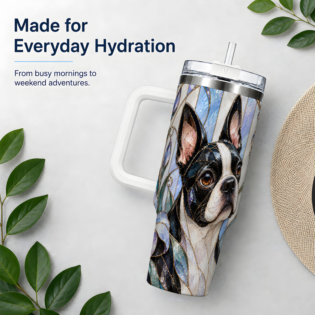 Floral Boston Terrier 40oz Tumbler, Stained Glass Style Dog Design