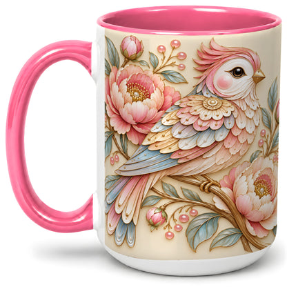 #pl[15oz|Pink] Pastel Bird Ceramic Mug, Mug with Pink Peony Floral Branch Artwork
