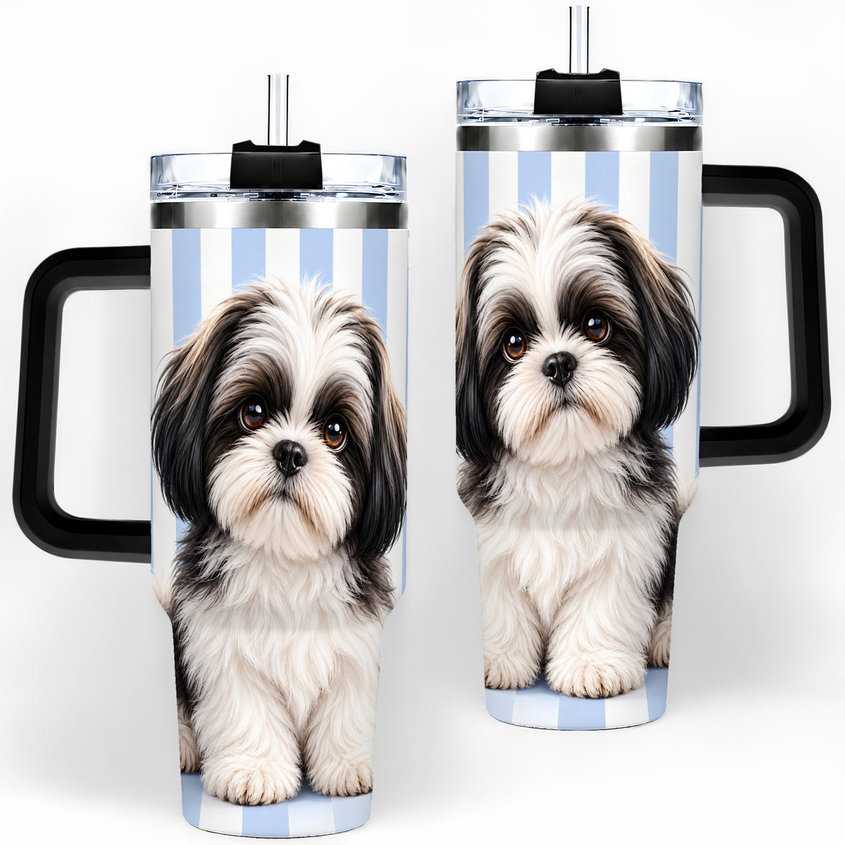 #pl[40oz|Black] Black White Shih Tzu 40oz Tumbler, Blue Stripe Dog Artwork Design
