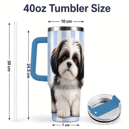 #pl[40oz|Blue] Black White Shih Tzu 40oz Tumbler, Blue Stripe Dog Artwork Design