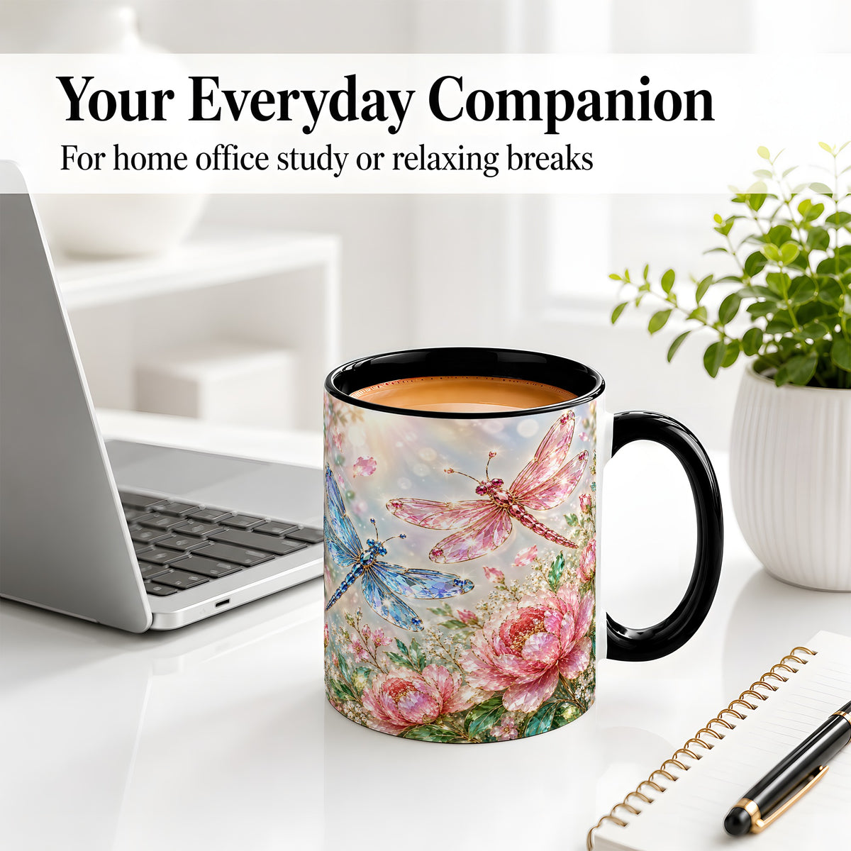 #pl[11oz|Black] Floral Dragonfly Ceramic Mug, Mug with Pink and Blue Blossom Artwork