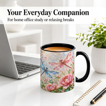 #pl[11oz|Black] Floral Dragonfly Ceramic Mug, Mug with Pink and Blue Blossom Artwork