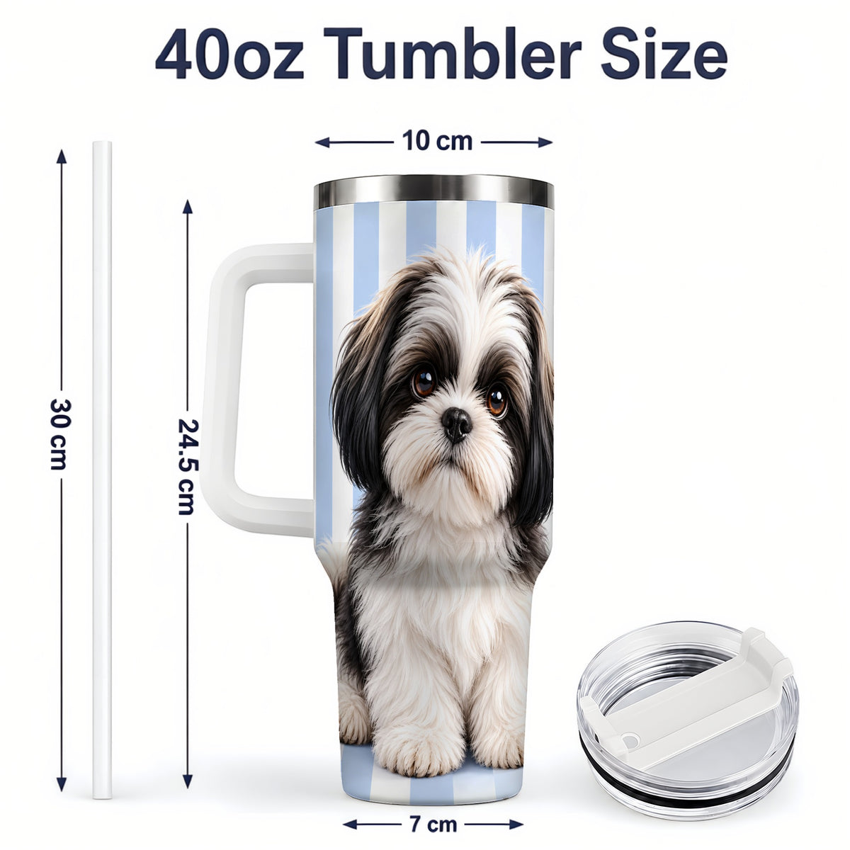 #pl[40oz|White] Black White Shih Tzu 40oz Tumbler, Blue Stripe Dog Artwork Design