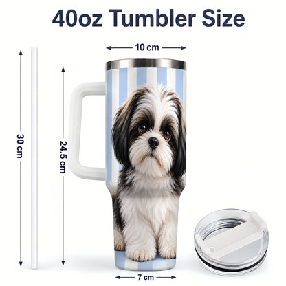 #pl[40oz|White] Black White Shih Tzu 40oz Tumbler, Blue Stripe Dog Artwork Design