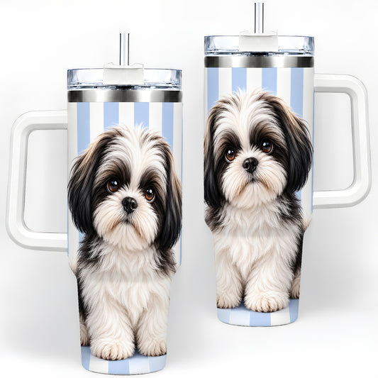 Black White Shih Tzu 40oz Tumbler, Blue Stripe Dog Artwork Design