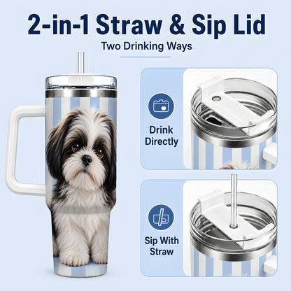 #pl[40oz|White] Black White Shih Tzu 40oz Tumbler, Blue Stripe Dog Artwork Design