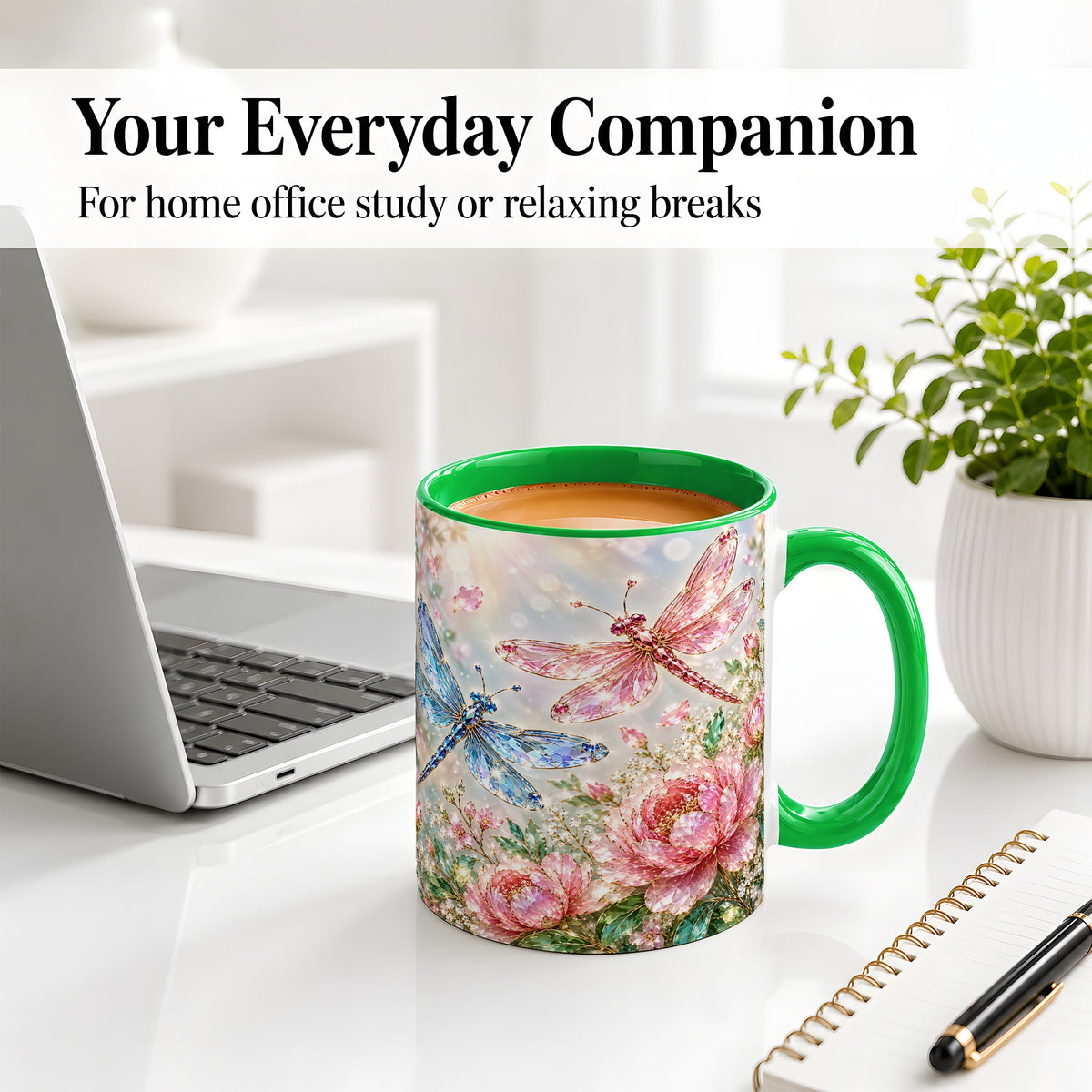 #pl[11oz|Green] Floral Dragonfly Ceramic Mug, Mug with Pink and Blue Blossom Artwork