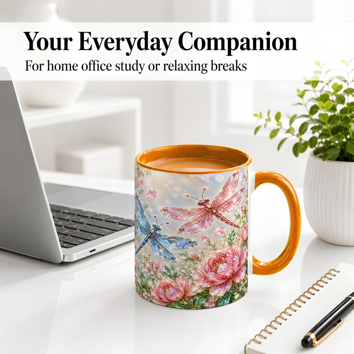 #pl[11oz|Orange] Floral Dragonfly Ceramic Mug, Mug with Pink and Blue Blossom Artwork