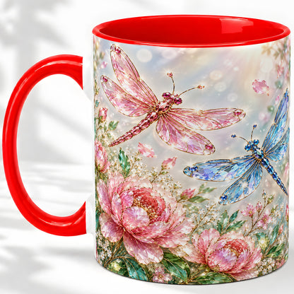 Floral Dragonfly Ceramic Mug, Mug with Pink and Blue Blossom Artwork