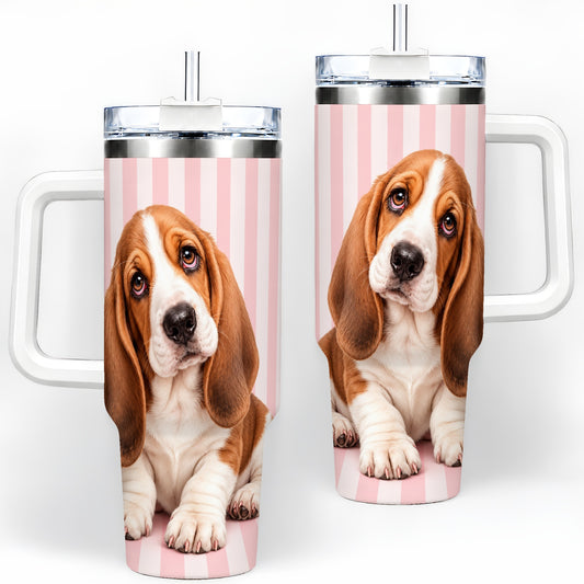 Basset Hound Puppy 40oz Tumbler, Pink Stripe Dog Artwork Design