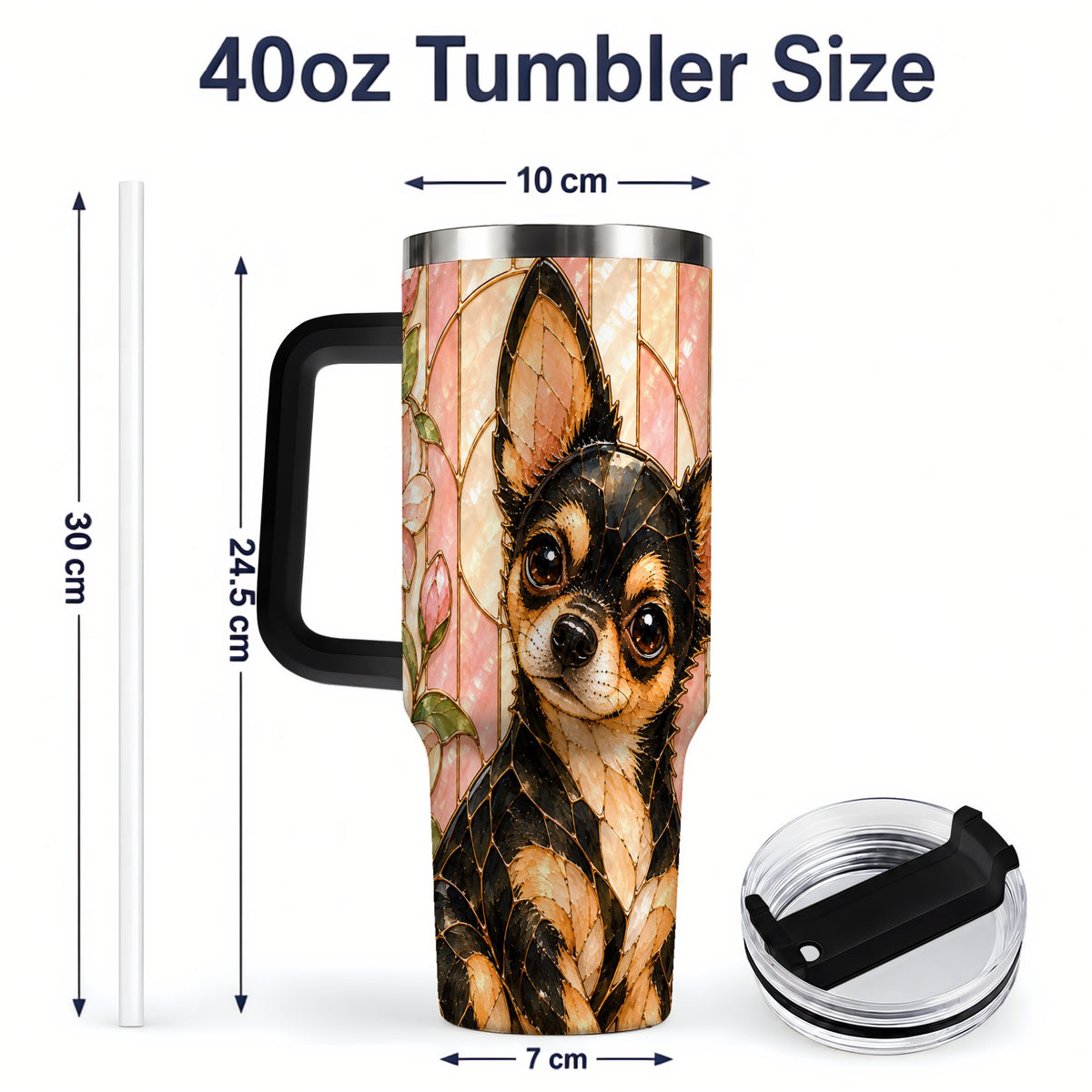 #pl[40oz|Black] Black Tan Chihuahua 40oz Tumbler, Floral Stained Glass Style Design