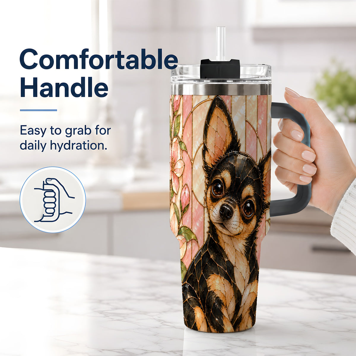 #pl[40oz|Black] Black Tan Chihuahua 40oz Tumbler, Floral Stained Glass Style Design