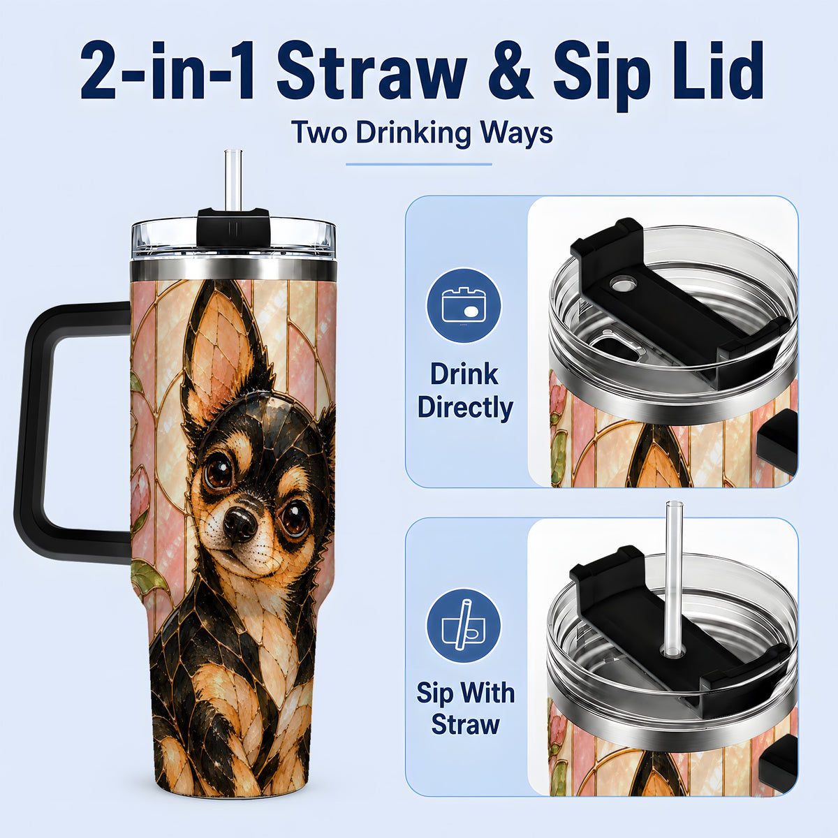 #pl[40oz|Black] Black Tan Chihuahua 40oz Tumbler, Floral Stained Glass Style Design