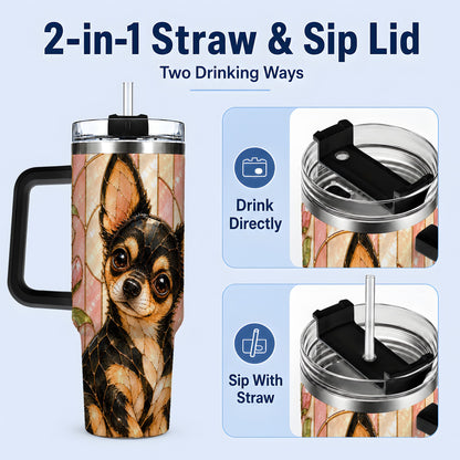 #pl[40oz|Black] Black Tan Chihuahua 40oz Tumbler, Floral Stained Glass Style Design