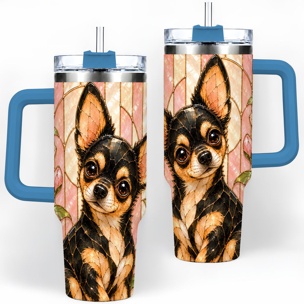 #pl[40oz|Blue] Black Tan Chihuahua 40oz Tumbler, Floral Stained Glass Style Design