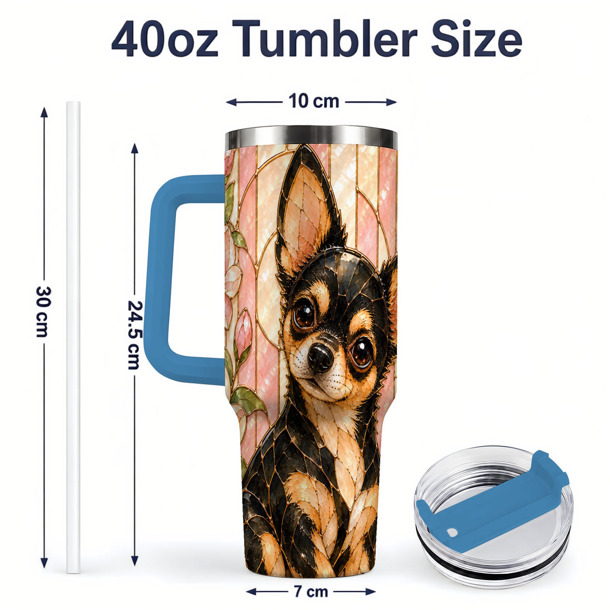 #pl[40oz|Blue] Black Tan Chihuahua 40oz Tumbler, Floral Stained Glass Style Design