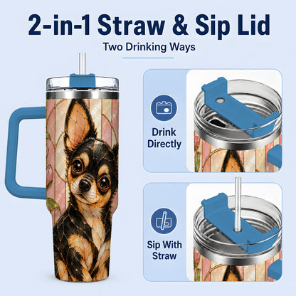 #pl[40oz|Blue] Black Tan Chihuahua 40oz Tumbler, Floral Stained Glass Style Design