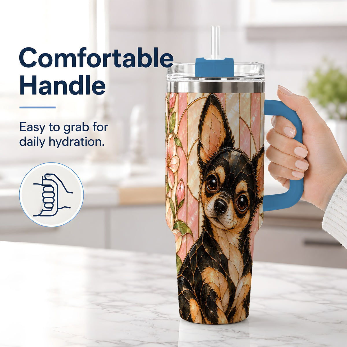 #pl[40oz|Blue] Black Tan Chihuahua 40oz Tumbler, Floral Stained Glass Style Design