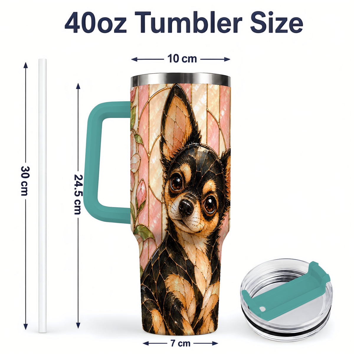#pl[40oz|Green] Black Tan Chihuahua 40oz Tumbler, Floral Stained Glass Style Design