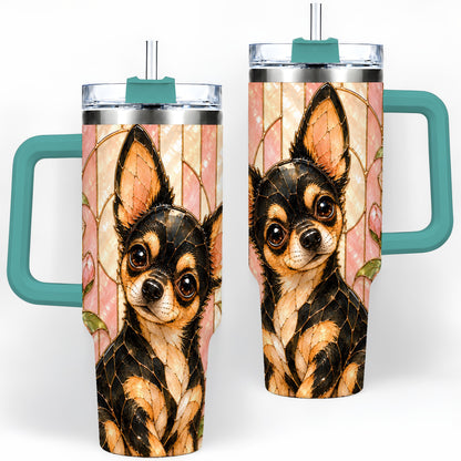 #pl[40oz|Green] Black Tan Chihuahua 40oz Tumbler, Floral Stained Glass Style Design