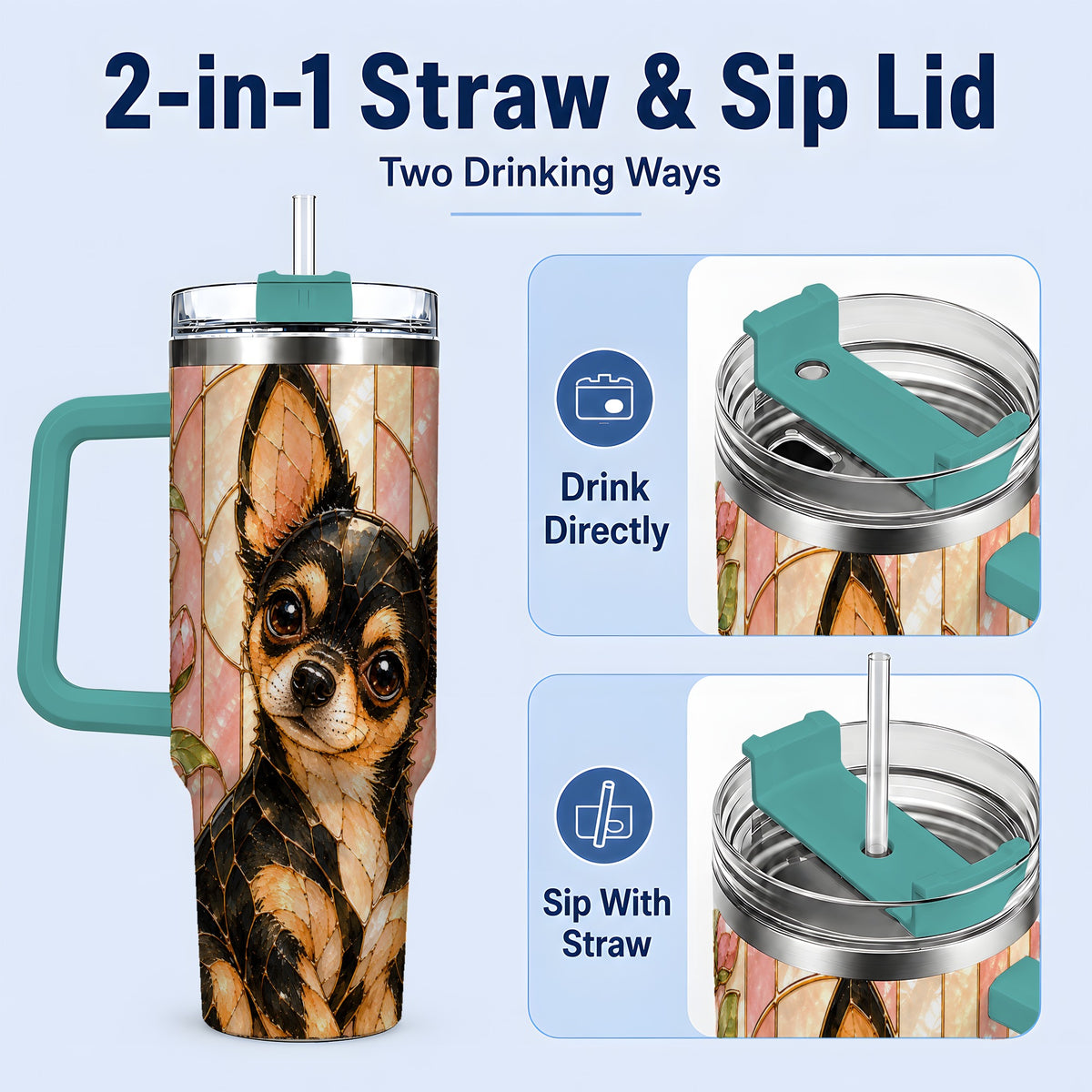 #pl[40oz|Green] Black Tan Chihuahua 40oz Tumbler, Floral Stained Glass Style Design