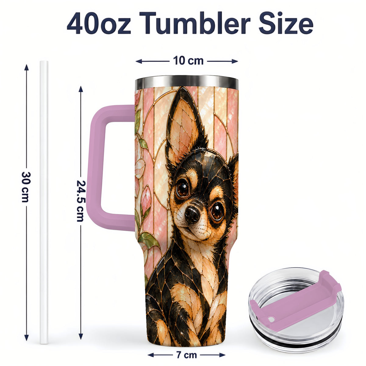 #pl[40oz|Pink] Black Tan Chihuahua 40oz Tumbler, Floral Stained Glass Style Design