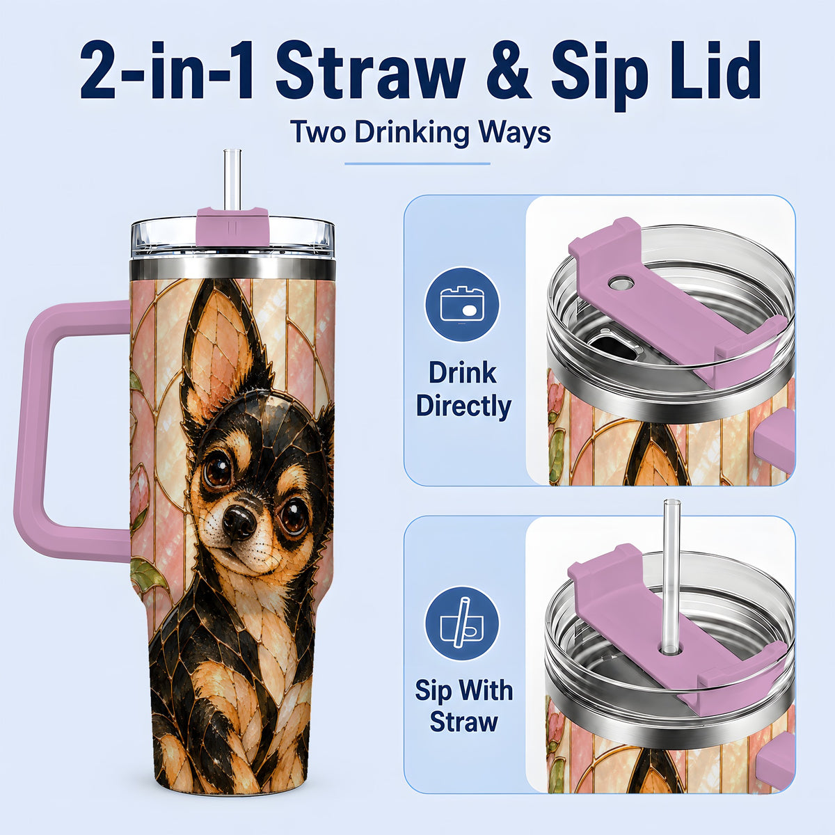 #pl[40oz|Pink] Black Tan Chihuahua 40oz Tumbler, Floral Stained Glass Style Design