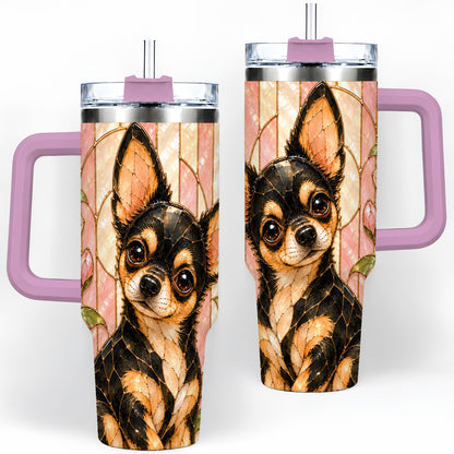 #pl[40oz|Pink] Black Tan Chihuahua 40oz Tumbler, Floral Stained Glass Style Design