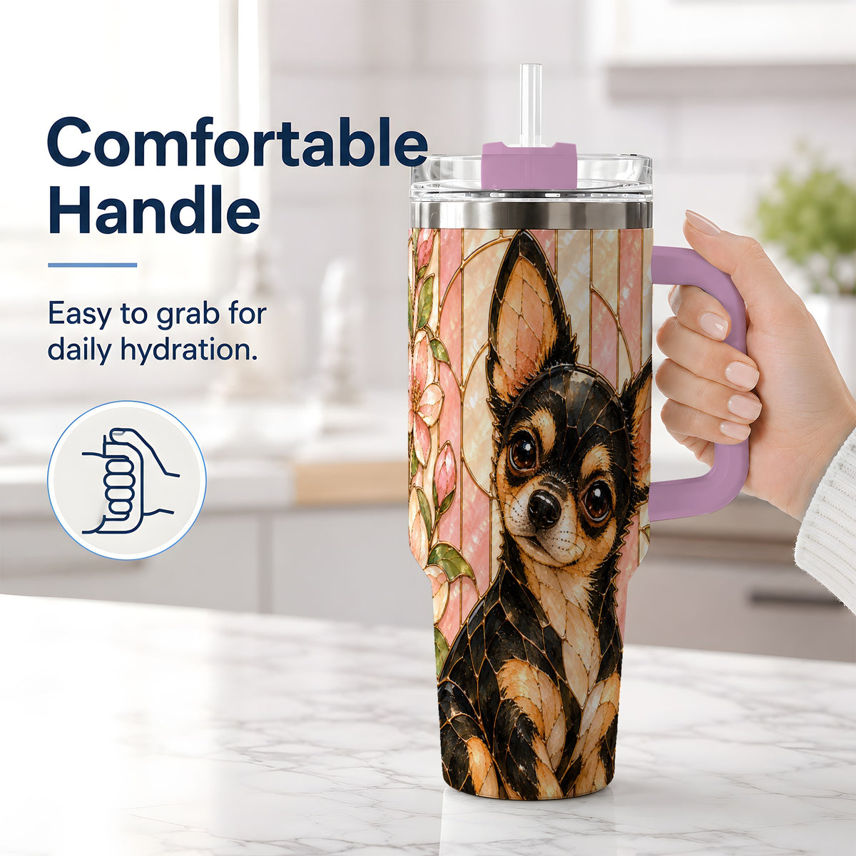 #pl[40oz|Pink] Black Tan Chihuahua 40oz Tumbler, Floral Stained Glass Style Design