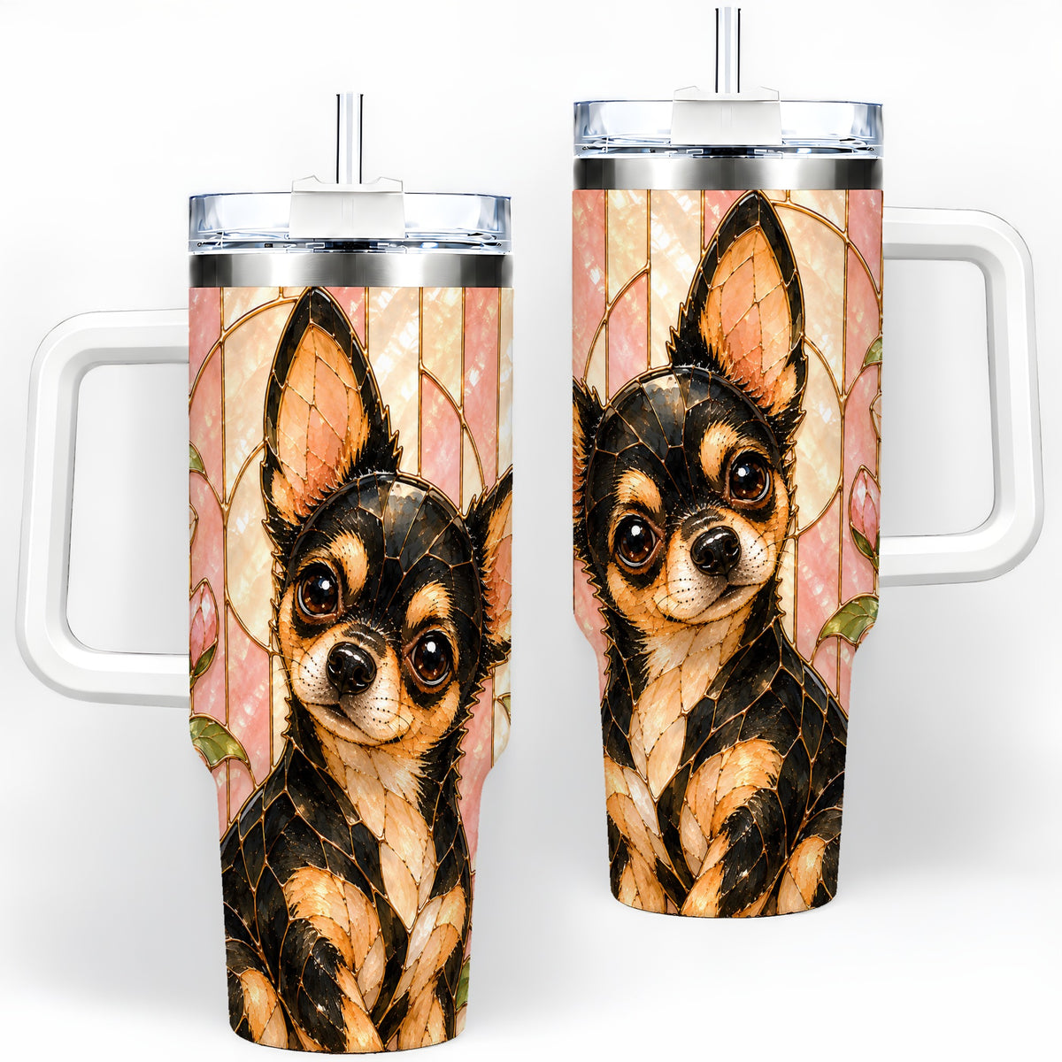 Black Tan Chihuahua 40oz Tumbler, Floral Stained Glass Style Design