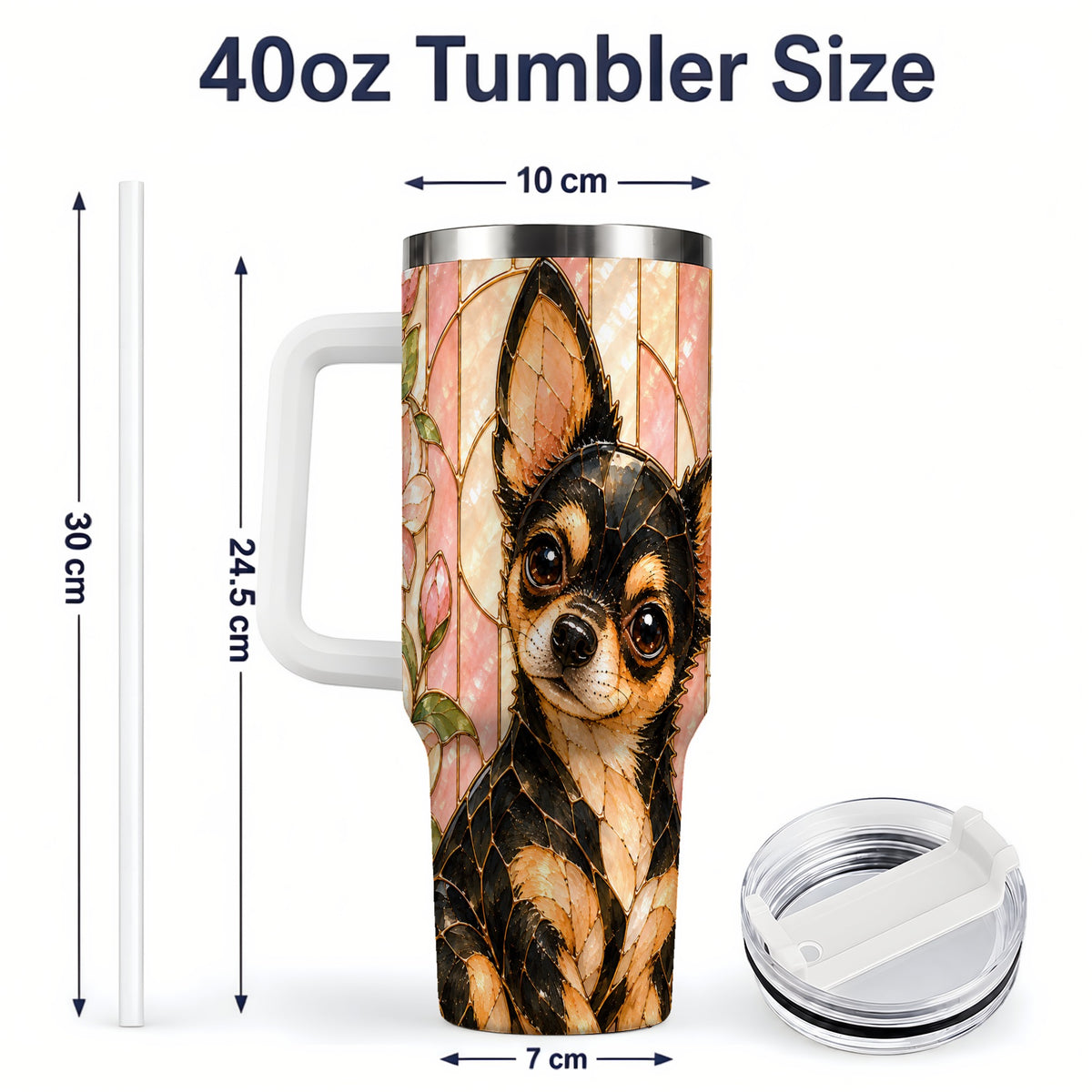 #pl[40oz|White] Black Tan Chihuahua 40oz Tumbler, Floral Stained Glass Style Design