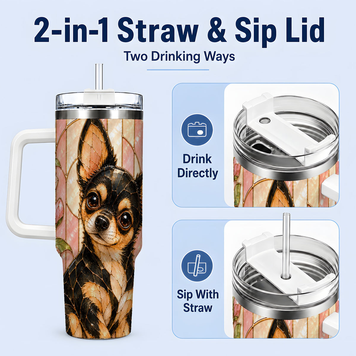 #pl[40oz|White] Black Tan Chihuahua 40oz Tumbler, Floral Stained Glass Style Design
