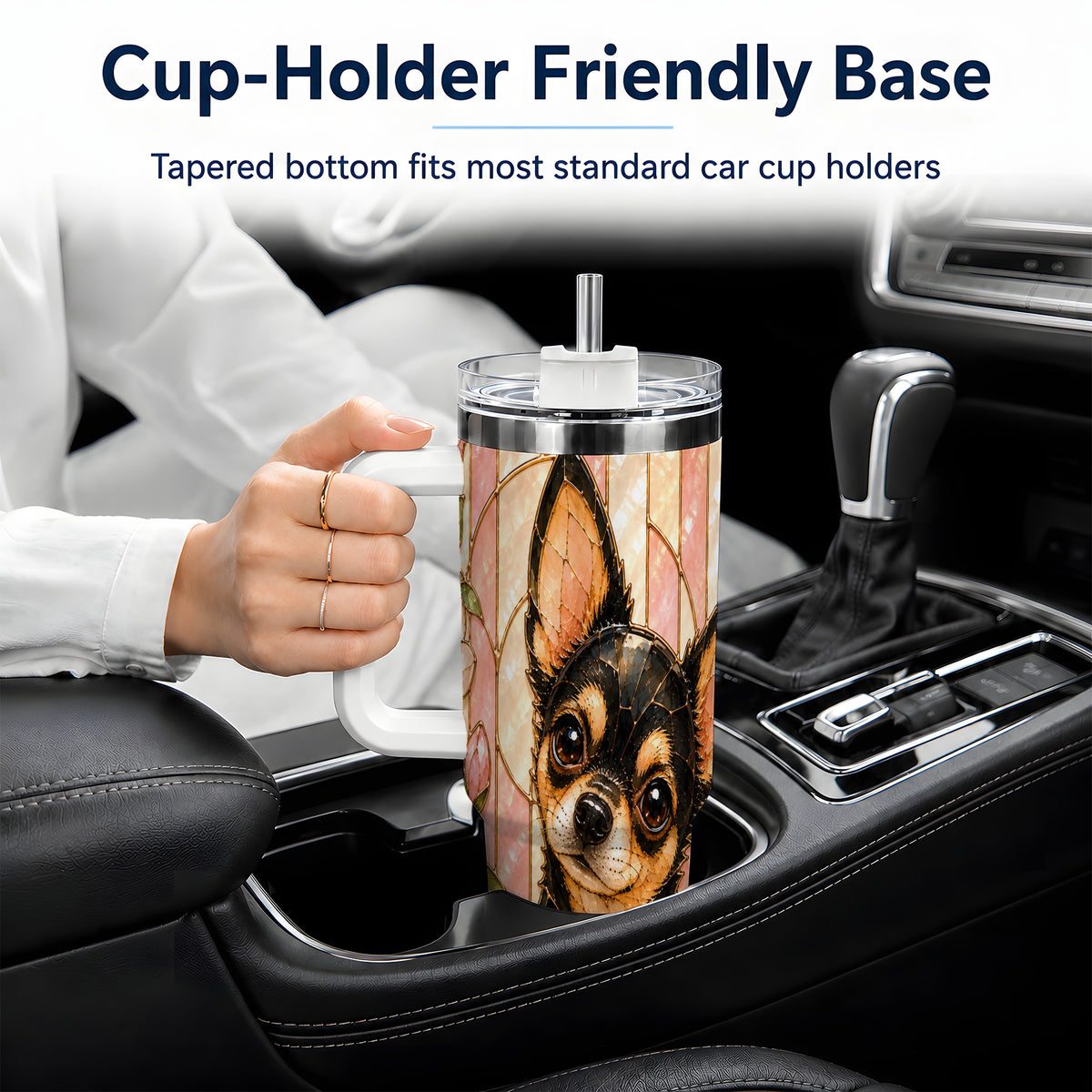 Black Tan Chihuahua 40oz Tumbler, Floral Stained Glass Style Design