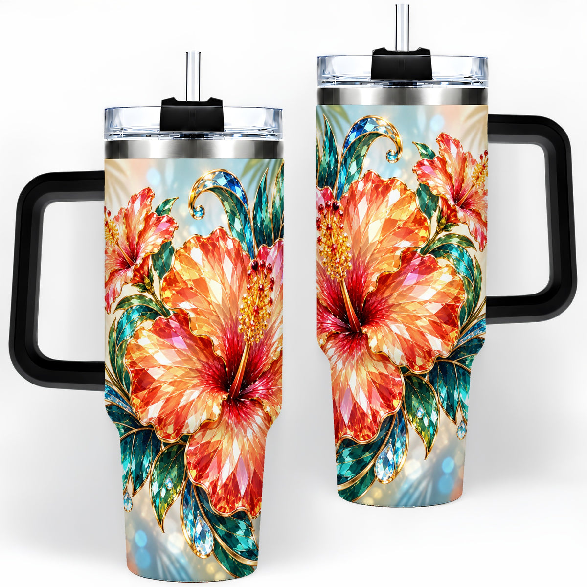 #pl[40oz|Black] Jeweled Hibiscus Tropical Floral 40oz Tumbler for Flower Art Lovers