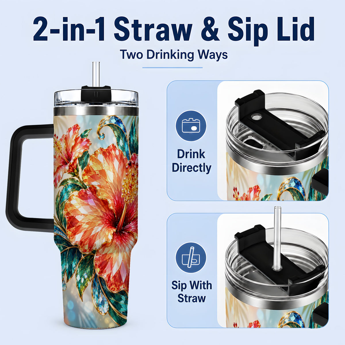 #pl[40oz|Black] Jeweled Hibiscus Tropical Floral 40oz Tumbler for Flower Art Lovers